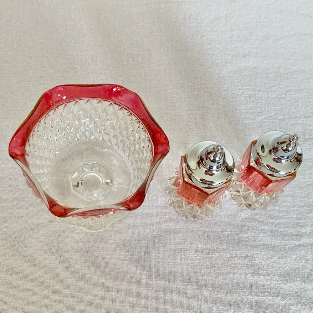 Indiana Glass Diamond Point Ruby Red Flashed Bowl and Salt & Pepper Shakers